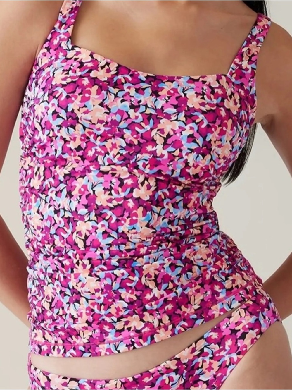 ATHLETA swimsuit set Square Neck Tankini Top bottoms pink floral 32 B / C small